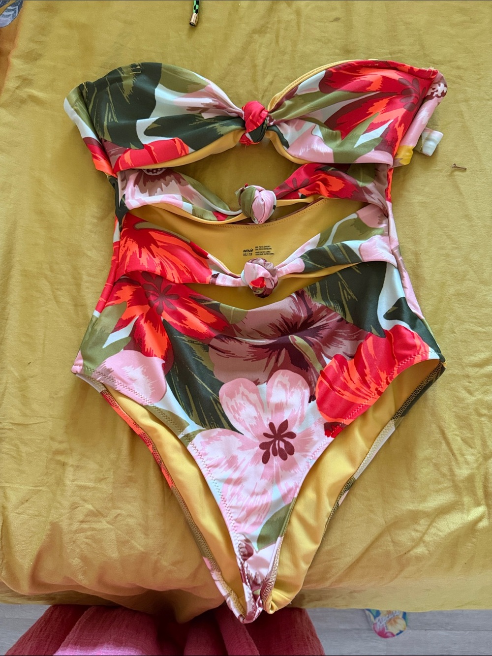Aerie Floral Knot One-Piece Swimsuit in Tropical Red & Green